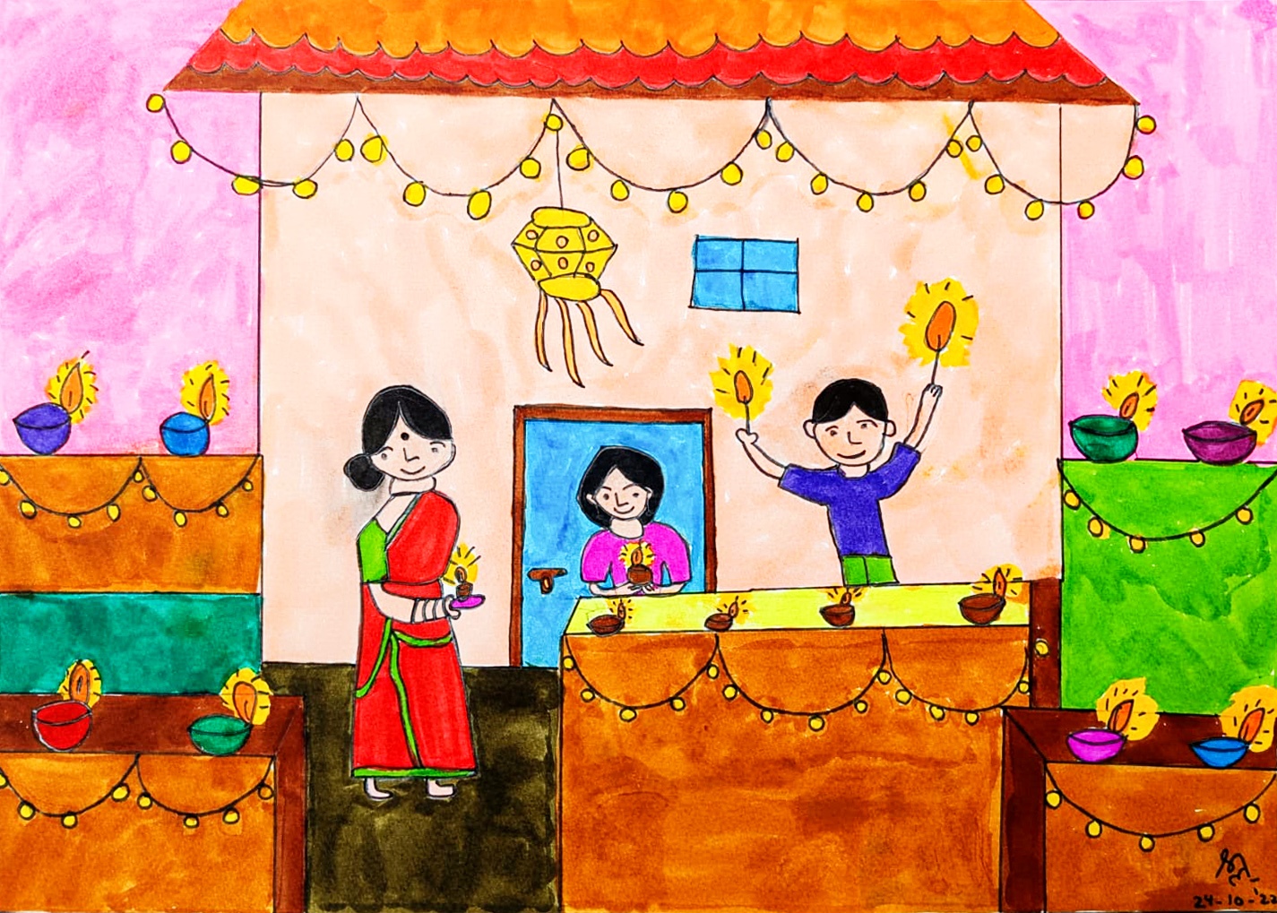 Diwali drawing for kids | How to draw safe diwali festival | Cute girl d...  | Diwali drawing, Diwali festival drawing, Drawing for kids